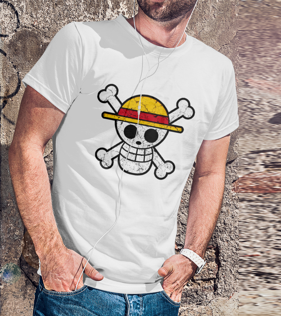 Vintage One Piece Jolly Roger Skull Wearing Straw Hat T-Shirt