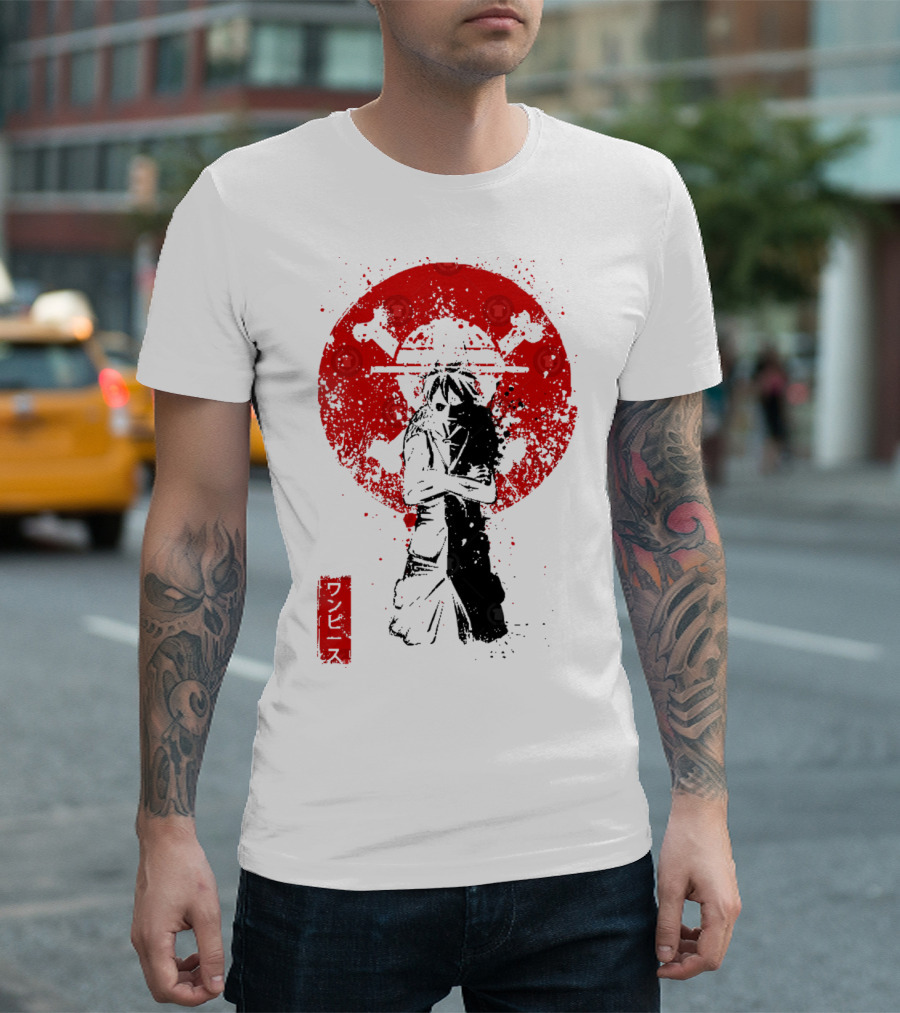 One Piece Pirate's King Splat­ter Japanese Text and Crossbones Red Circle T-Shirt