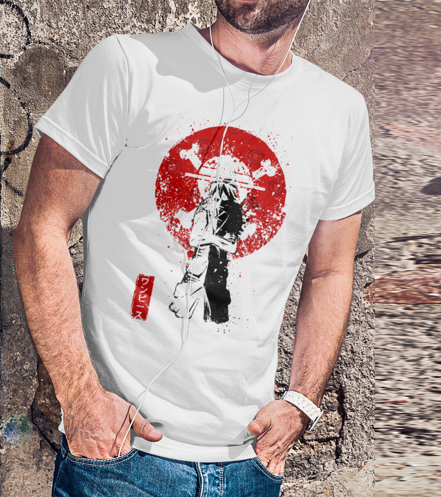 One Piece Pirate's King Splat­ter Japanese Text And Crossbones Red Circle T-Shirt