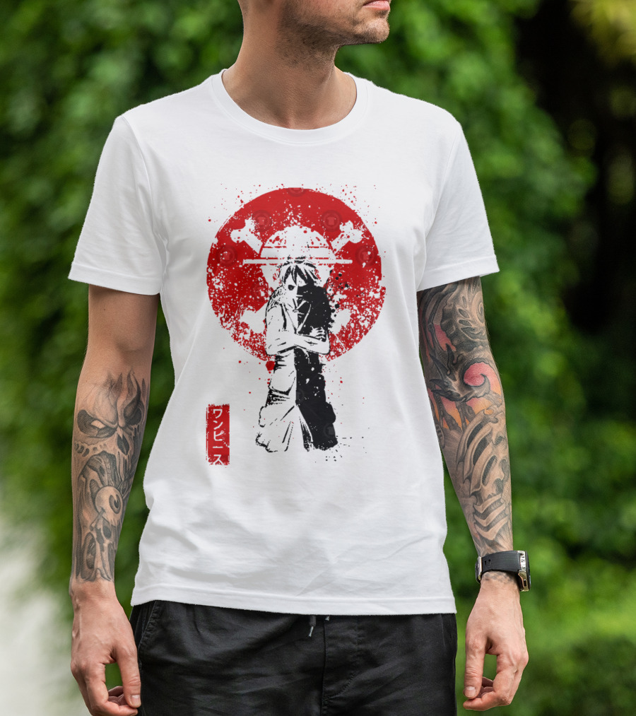 One Piece Pirate's King Splat­ter Japanese Text And Crossbones Red Circle T-Shirt