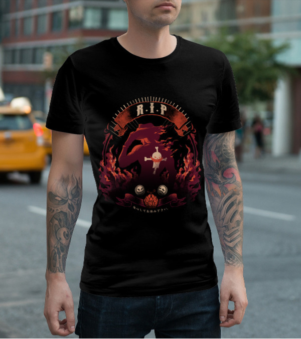 RIP Ace Fire Skull Hat Flames Japanese Text T-Shirt