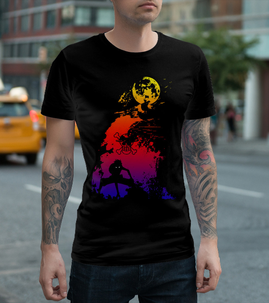 Monkey D. Luffy Shadow Art With Straw Hat Pirate Emblem And Moon T-Shirt