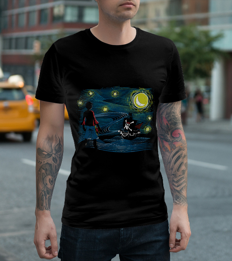 Starry Sea Voyage With Pirate Ship Under Starry Night Sky T-Shirt