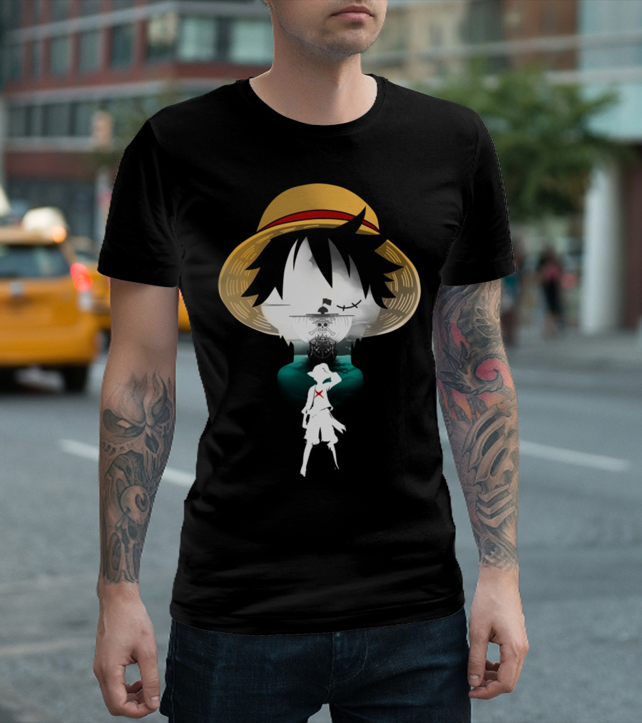 Strawhat Pirate Silhouette Design With Iconic Ship And Sea Adventure T-Shirt
