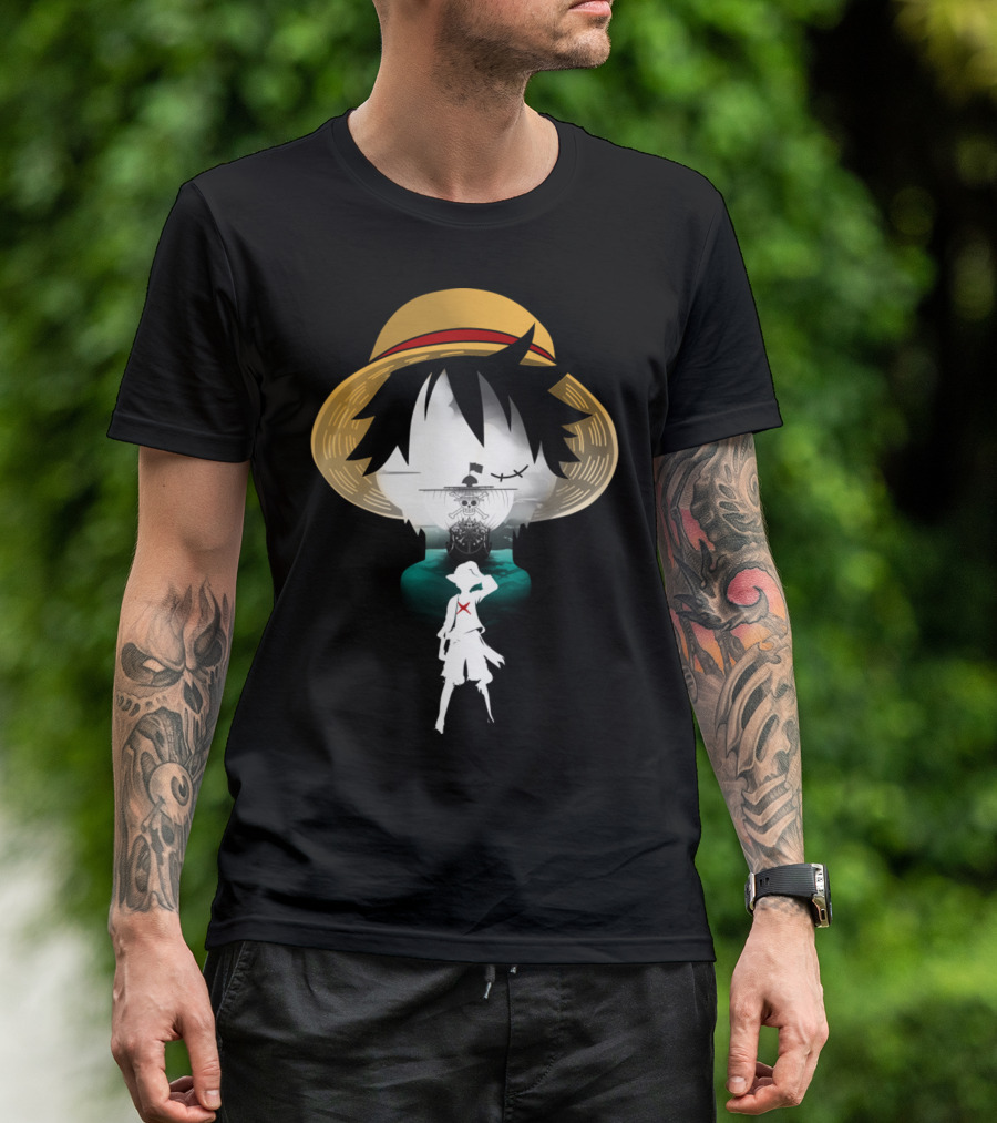 Strawhat Pirate Silhouette Design With Iconic Ship And Sea Adventure T-Shirt