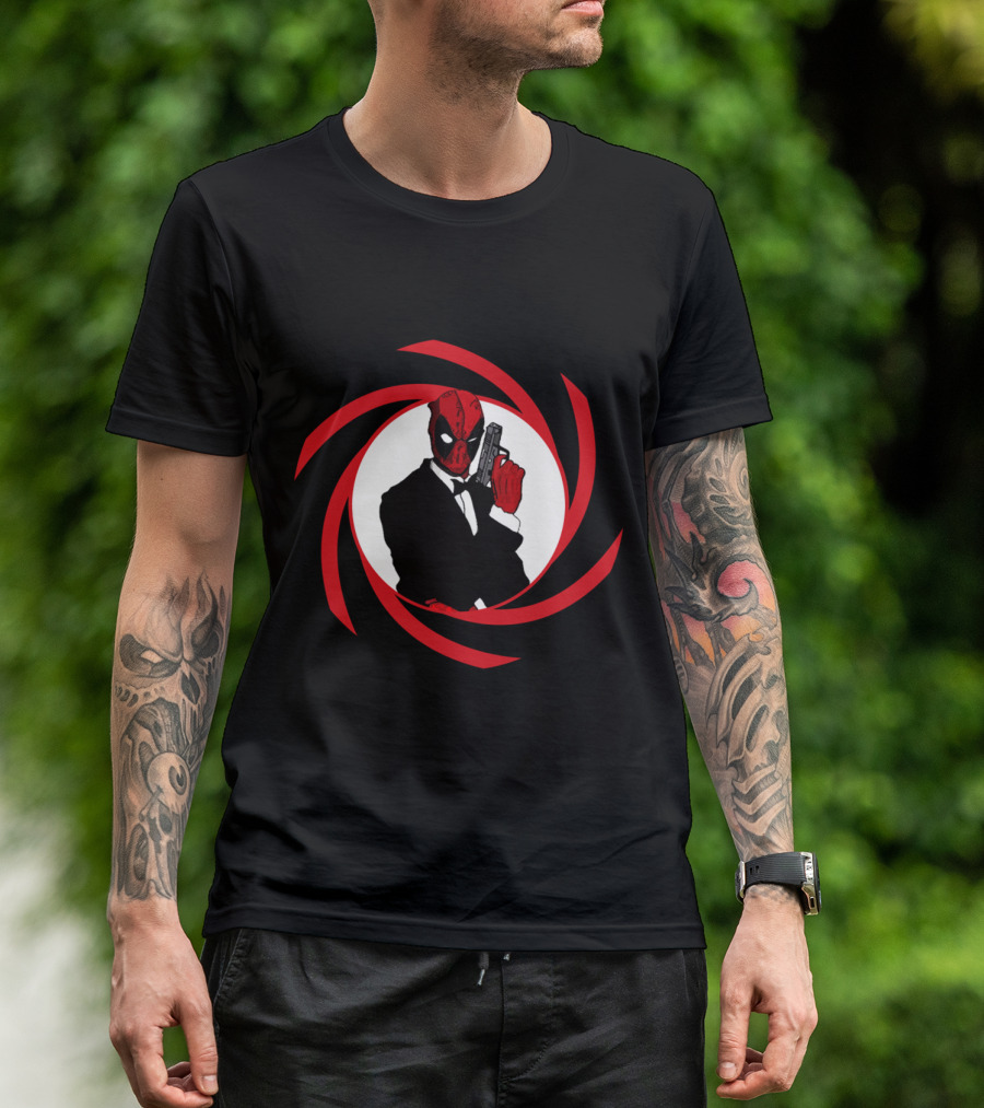 Deadpool Bond In Red Spy Spiral Suit With Gun T-Shirt