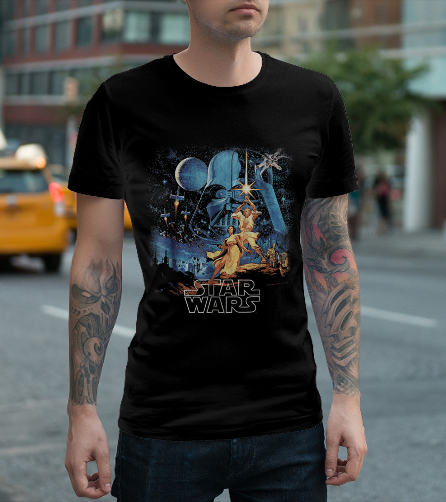 Star Wars A New Hope Faded Darth Vader Luke Leia Lightsabers X-Wing TIE Fighters Classic T-Shirt