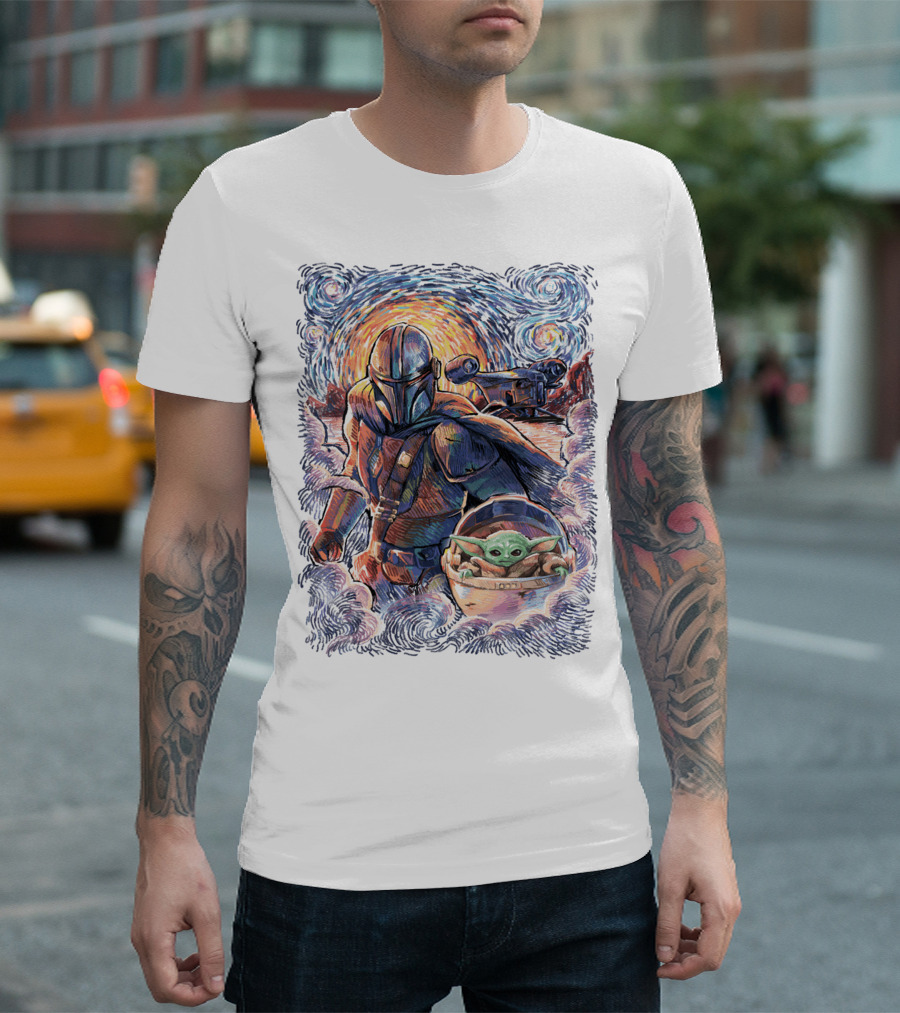 Star Wars Mandalorian Starry Night Grogu Painting T-Shirt