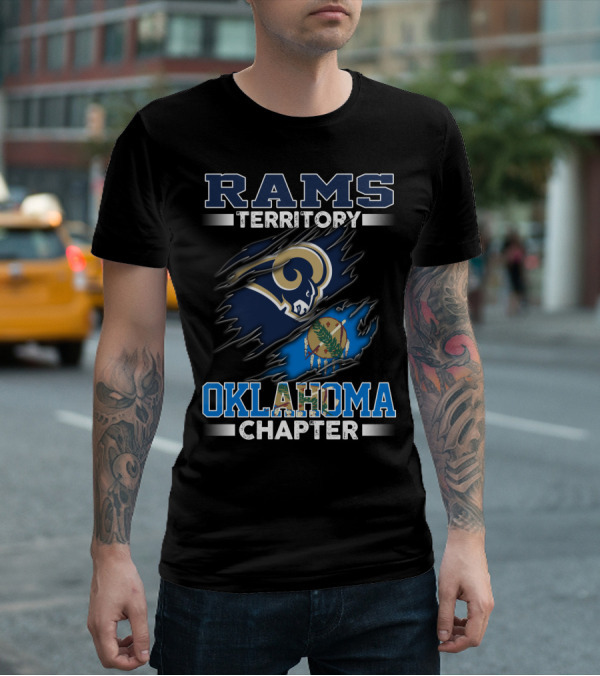 Rams Territory Oklahoma Chapter Blue And Gold Design With Torn State Flag T-Shirt