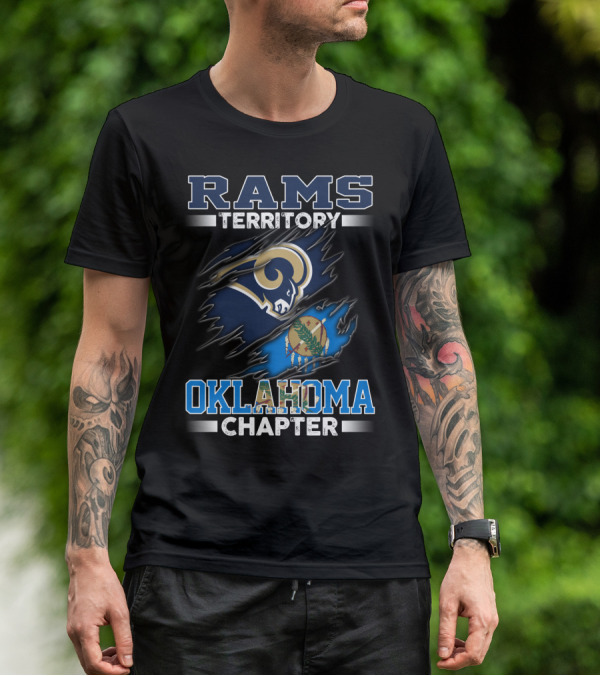 Rams Territory Oklahoma Chapter Blue And Gold Design With Torn State Flag T-Shirt