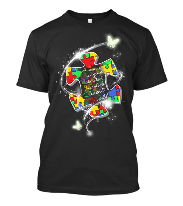 Awesome Unique Talented Incredible Sweet My World Puzzle Piece With Butterflies And Sparkles T-Shirt