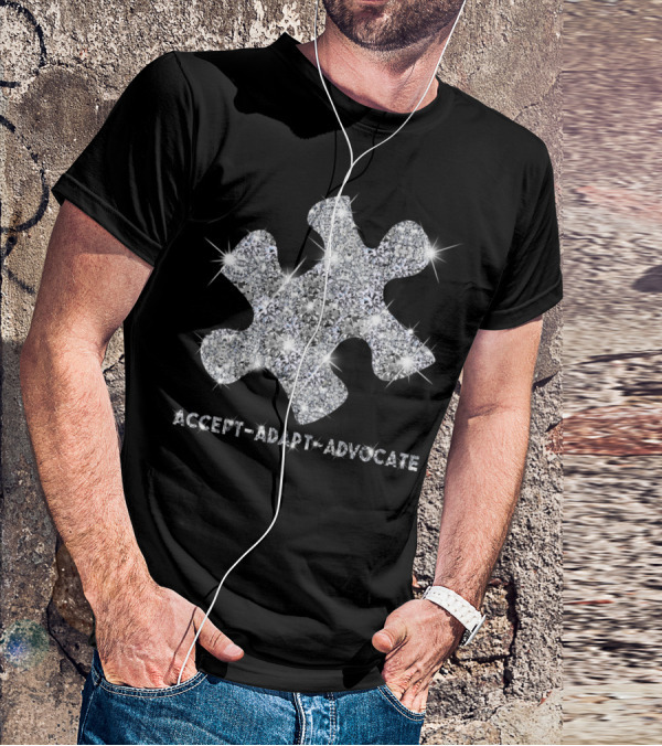 Accept Adapt Advocate Silver Glitter Puzzle Piece T-Shirt