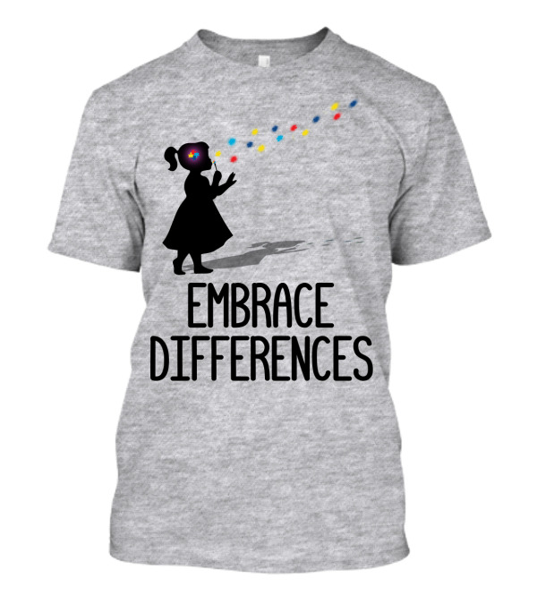 Embrace Differences Silhouette Girl With Autism Puzzle Flower And Colorful Bubbles T-Shirt