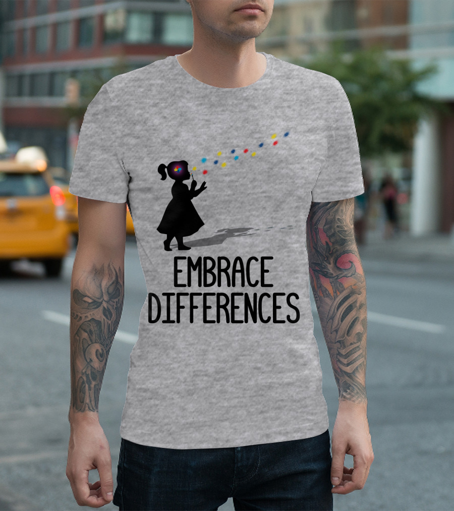 Embrace Differences Silhouette Girl With Autism Puzzle Flower And Colorful Bubbles T-Shirt