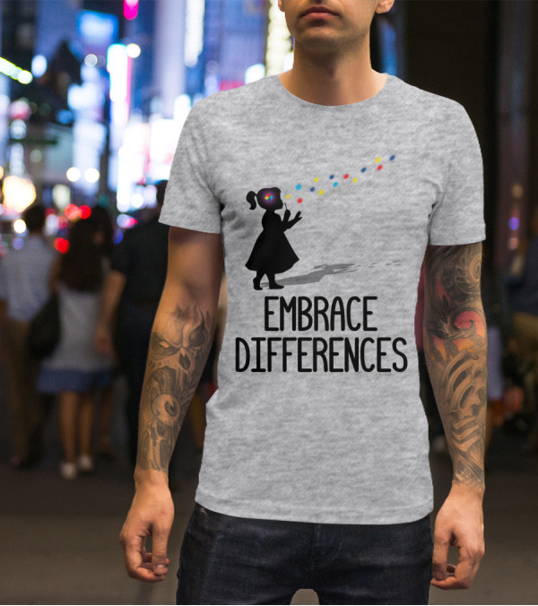 Embrace Differences Silhouette Girl With Autism Puzzle Flower And Colorful Bubbles T-Shirt