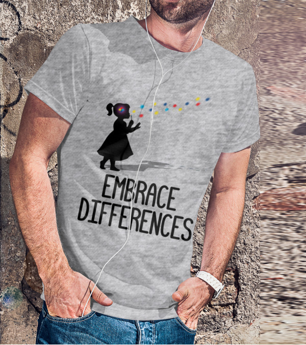Embrace Differences Silhouette Girl With Autism Puzzle Flower And Colorful Bubbles T-Shirt