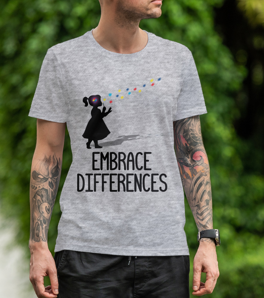 Embrace Differences Silhouette Girl With Autism Puzzle Flower And Colorful Bubbles T-Shirt