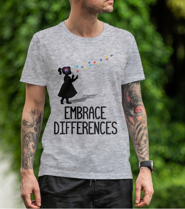 Embrace Differences Silhouette Girl With Autism Puzzle Flower And Colorful Bubbles T-Shirt