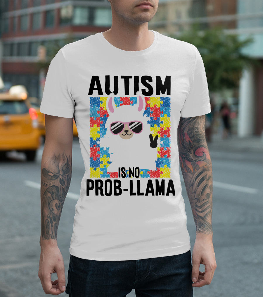 Autism Is No Prob-Llama Puzzle Pattern Sunglasses Peace Sign T-Shirt