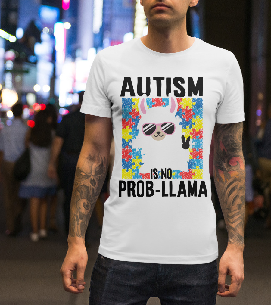 Autism Is No Prob-Llama Puzzle Pattern Sunglasses Peace Sign T-Shirt