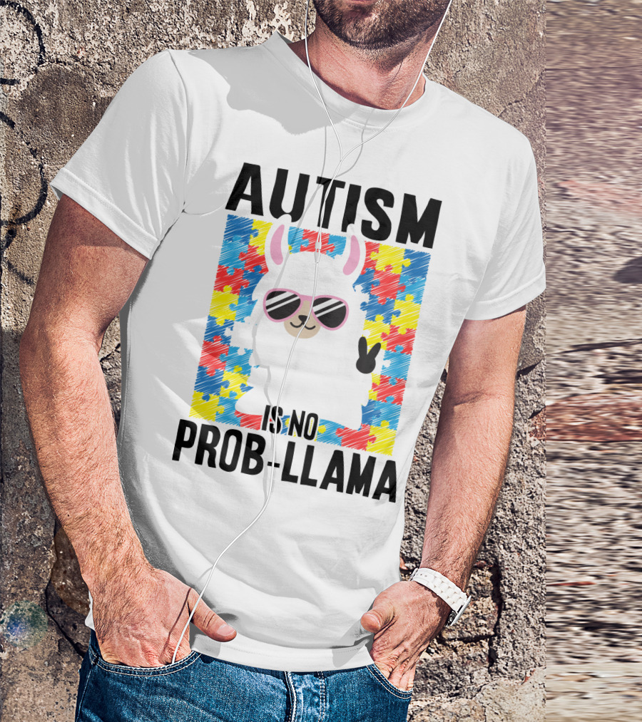 Autism Is No Prob-Llama Puzzle Pattern Sunglasses Peace Sign T-Shirt