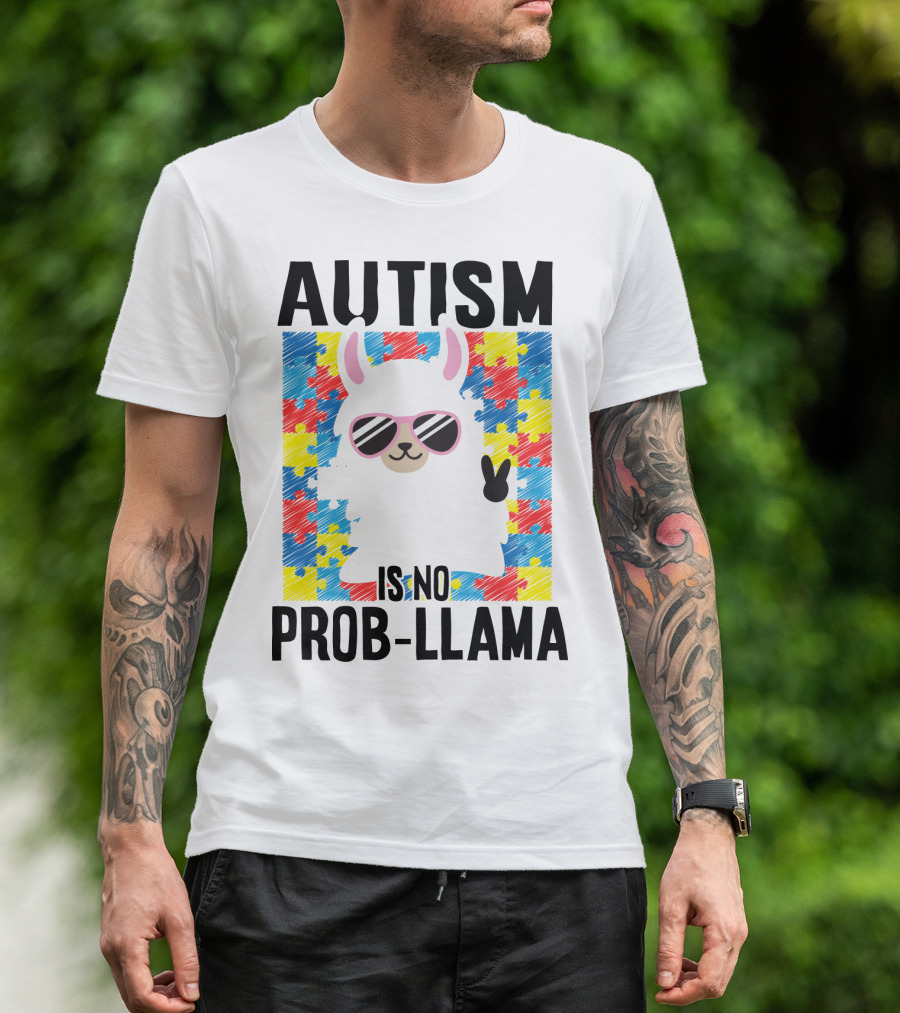 Autism Is No Prob-Llama Puzzle Pattern Sunglasses Peace Sign T-Shirt