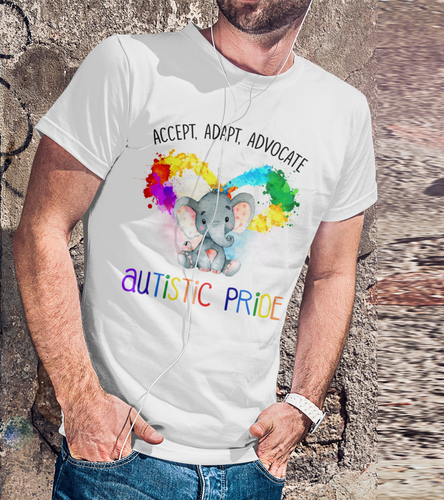 Accept, Adapt, Advocate Autistic Pride Colorful Elephant T-Shirt
