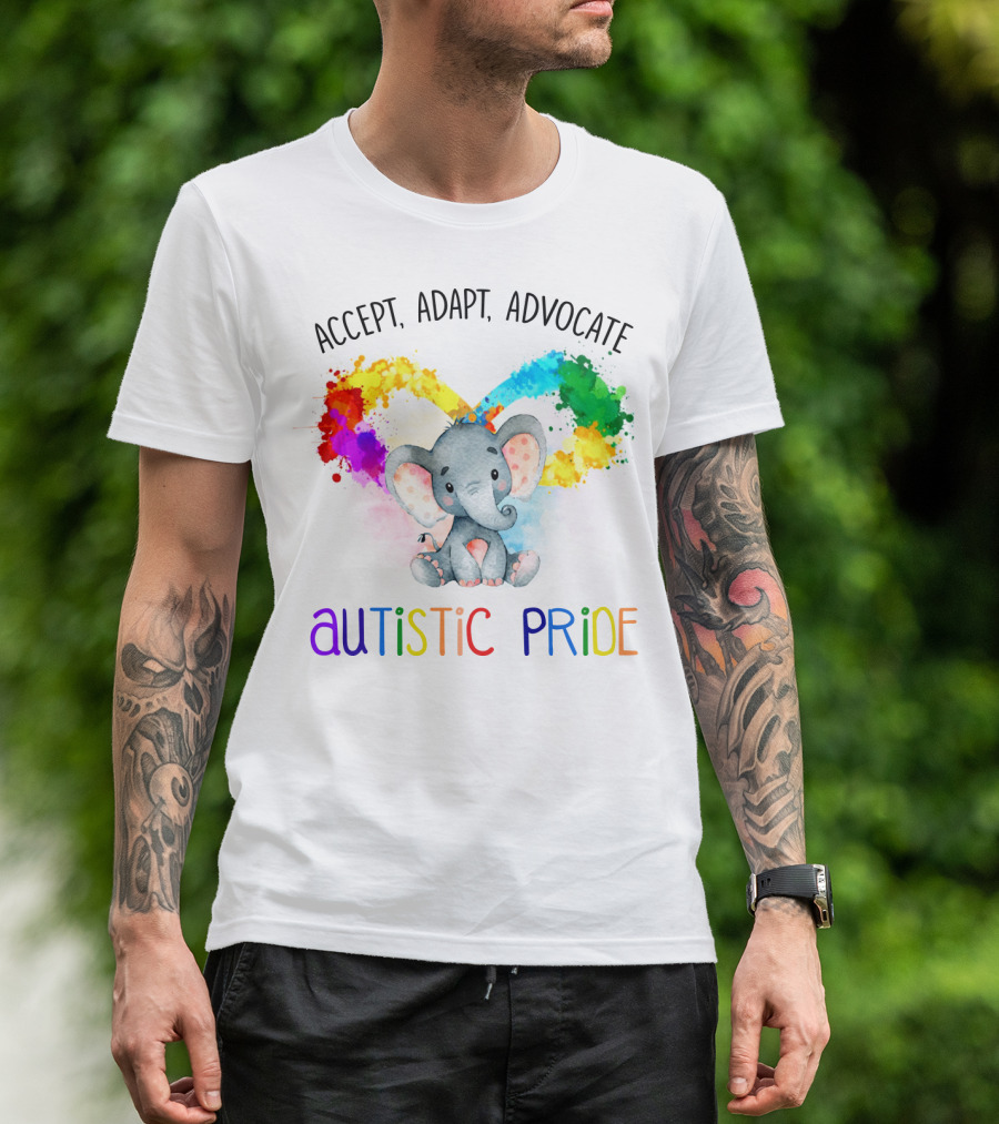 Accept, Adapt, Advocate Autistic Pride Colorful Elephant T-Shirt