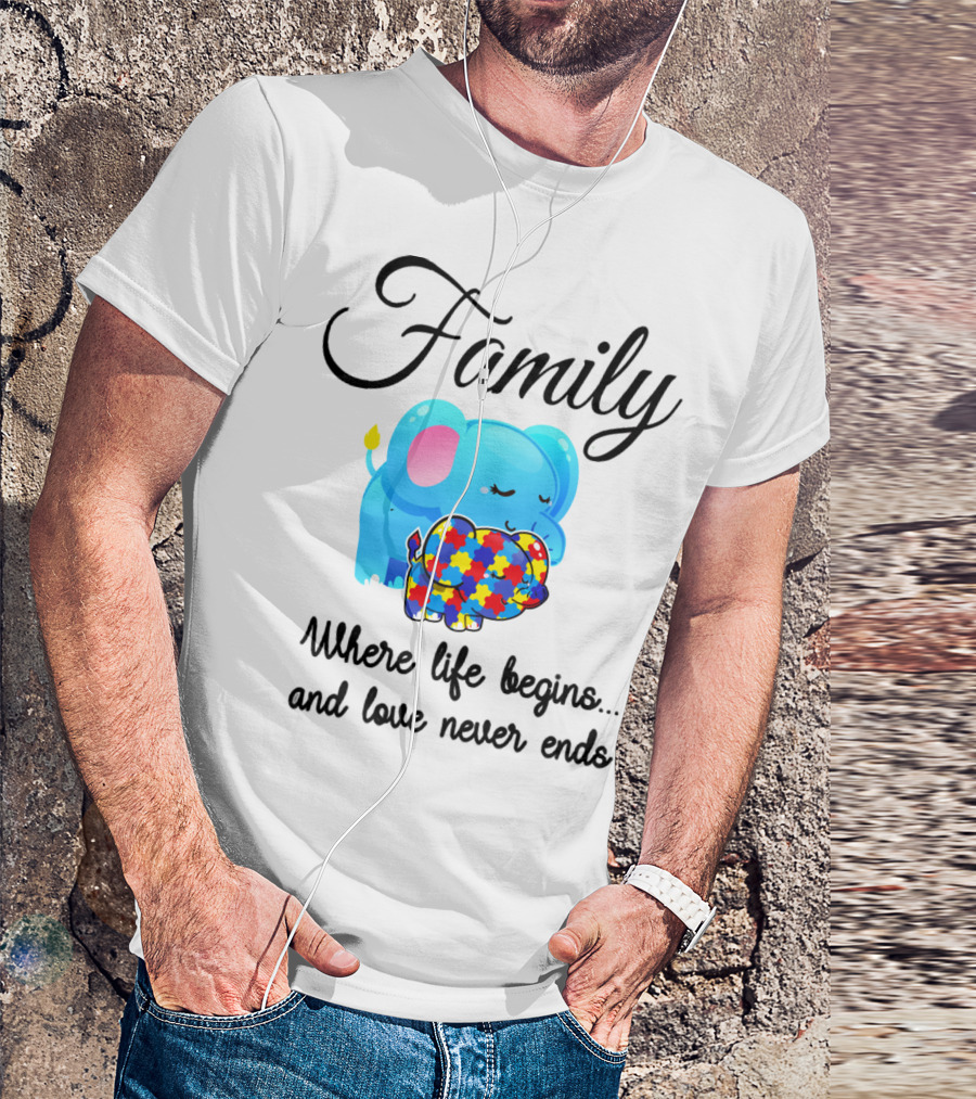 Family Where Life Begins Love Never Ends Autism Puzzle Piece Elephant T-Shirt