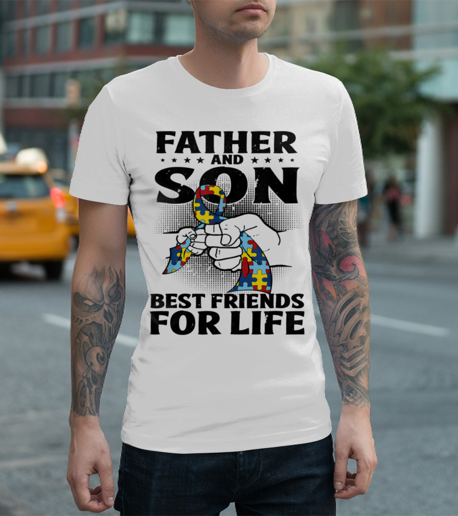 Father And Son Best Friends For Life Autism Puzzle Ribbon Fist Bump T-Shirt