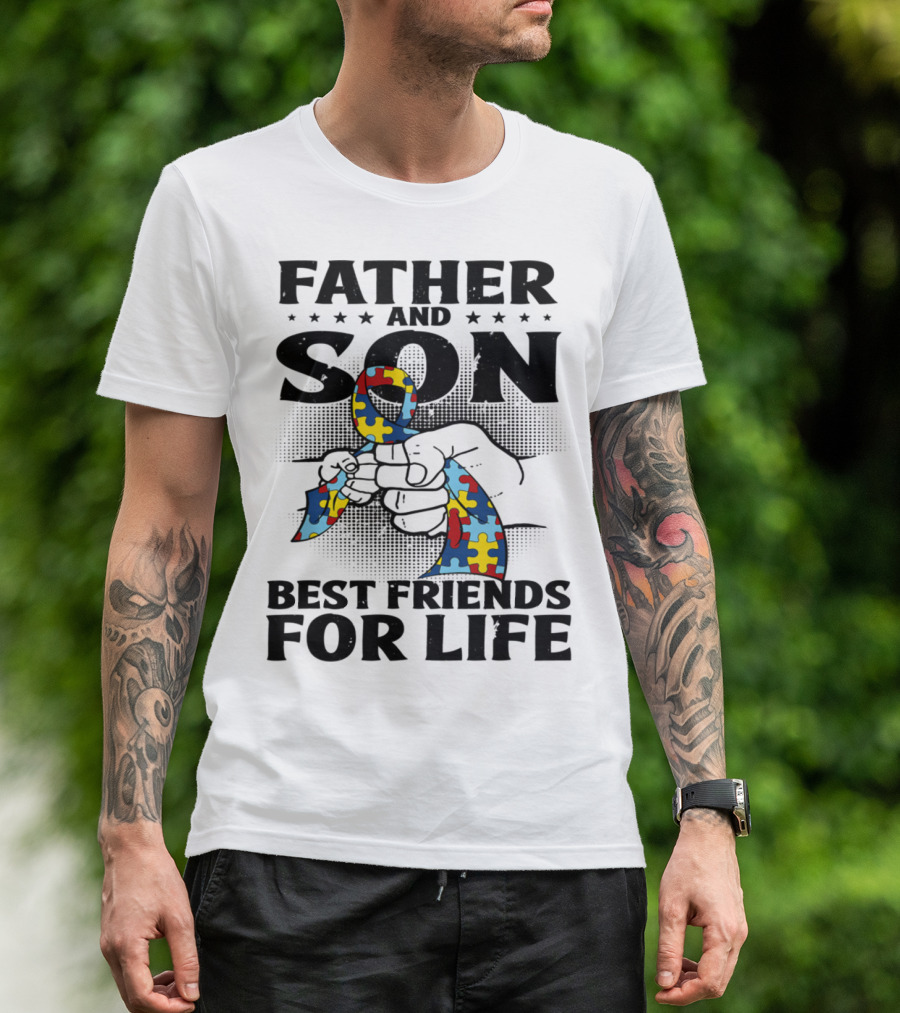 Father And Son Best Friends For Life Autism Puzzle Ribbon Fist Bump T-Shirt