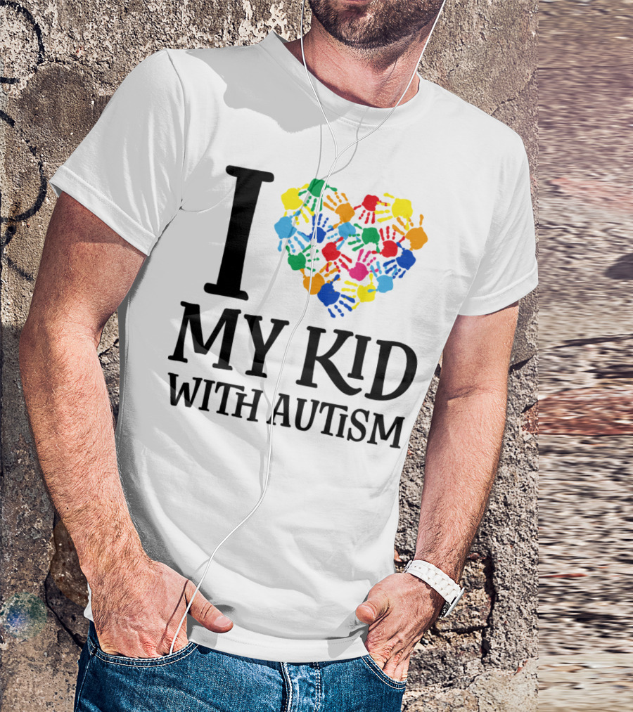 I Heart My Kid With Autism Multicolor Handprints T-Shirt