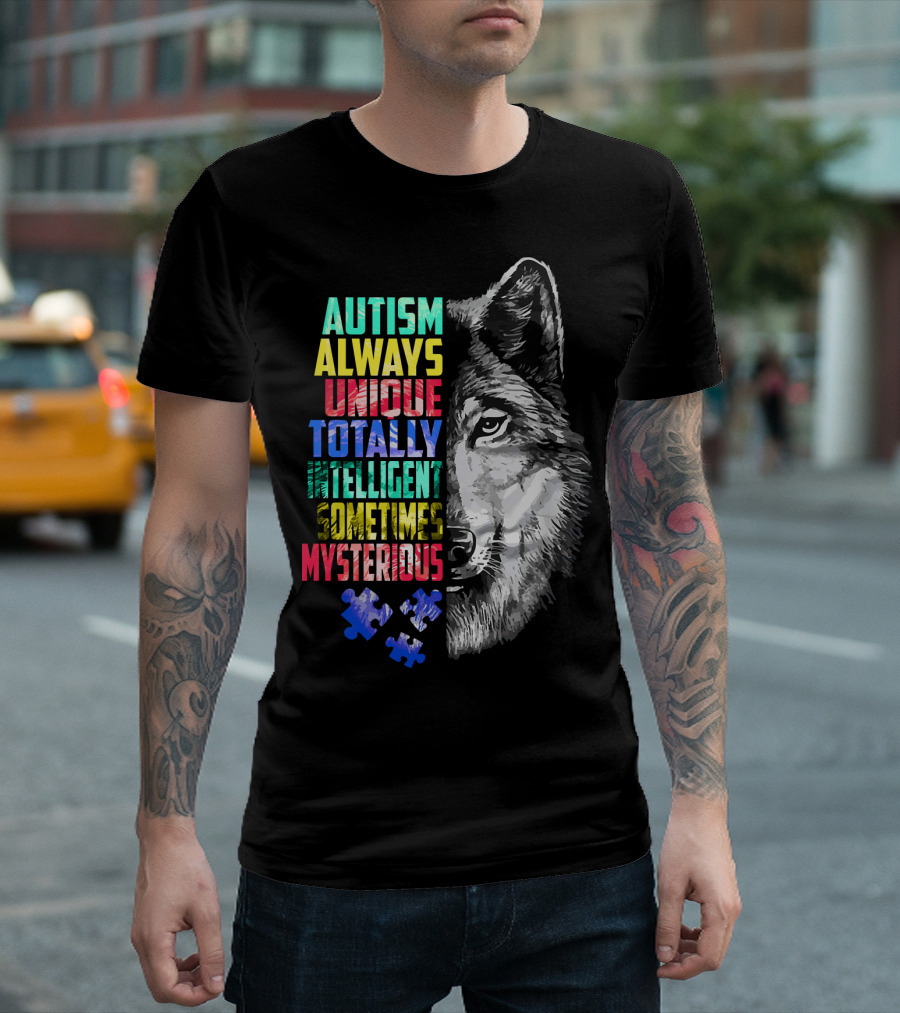 Autism Always Unique Totally Intelligent Sometimes Mysterious Wolf Puzzle T-Shirt