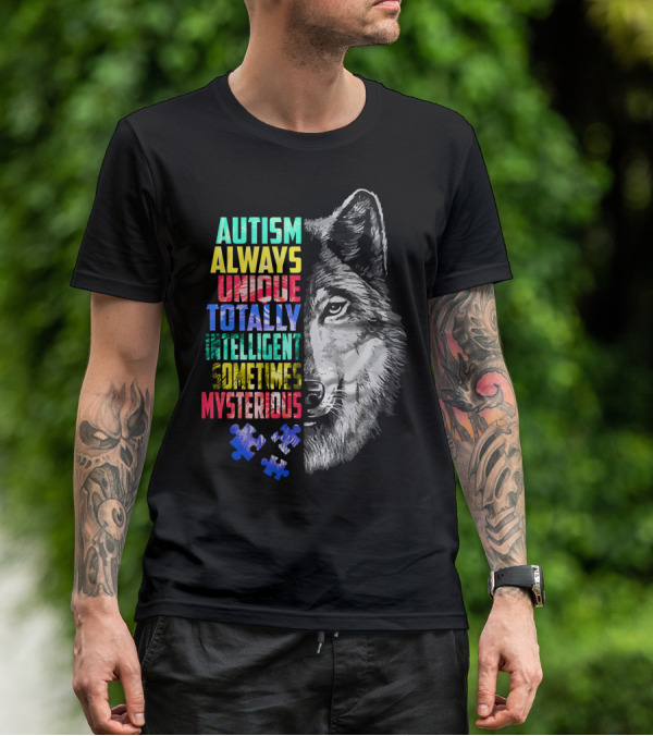 Autism Always Unique Totally Intelligent Sometimes Mysterious Wolf Puzzle T-Shirt