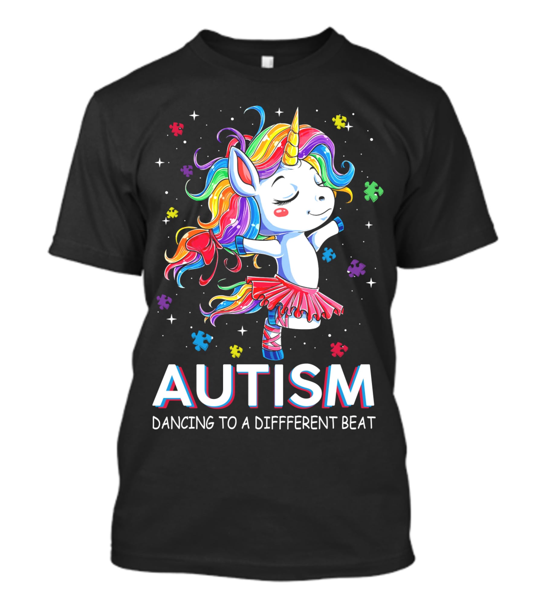 Autism Dancing To A Different Beat Unicorn Puzzle Pieces Rainbow Hair T-Shirt