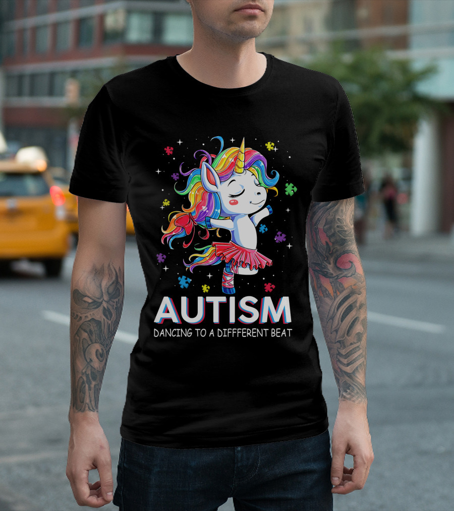Autism Dancing to a Different Beat Unicorn Puzzle Pieces Rainbow Hair T-Shirt