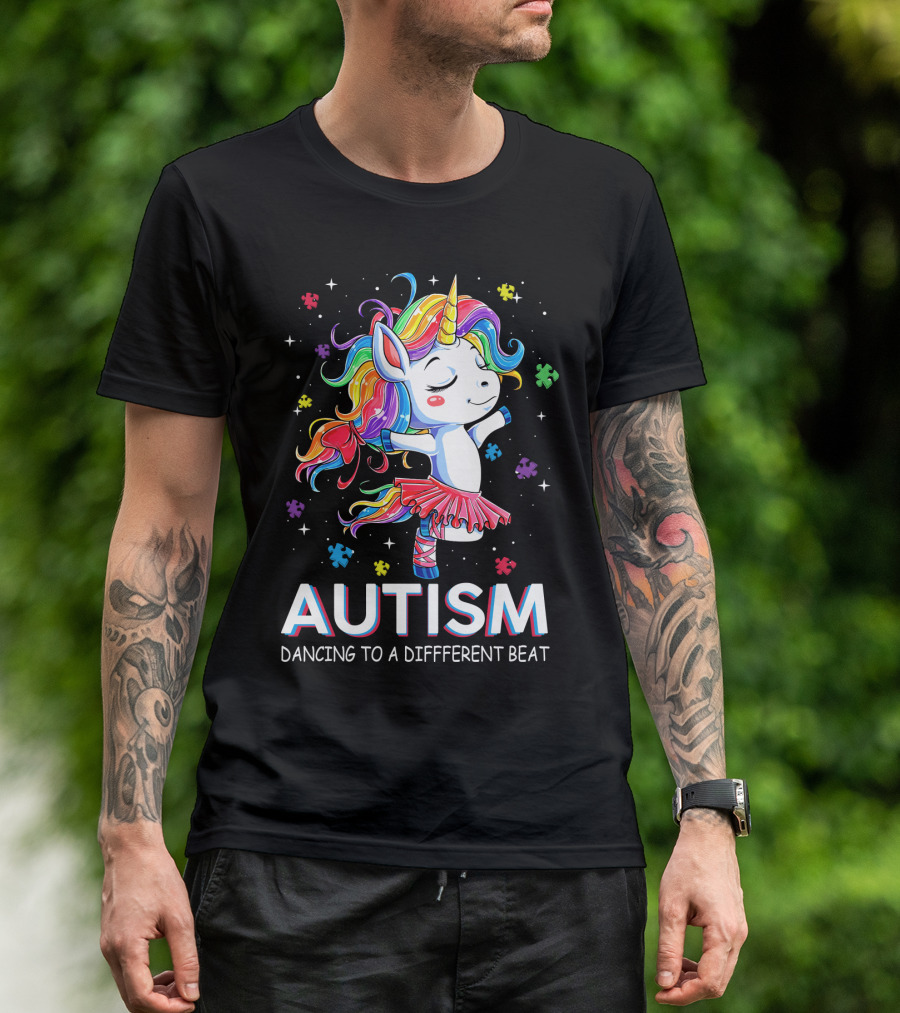Autism Dancing To A Different Beat Unicorn Puzzle Pieces Rainbow Hair T-Shirt