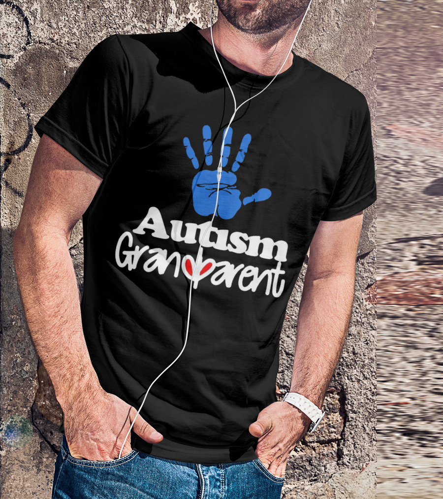 Autism Grandparent Blue Handprint Red Heart Inclusion T-Shirt