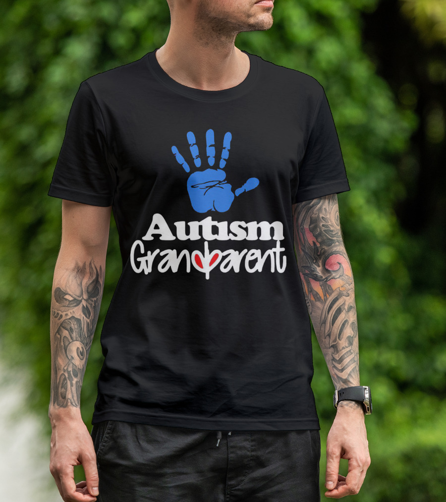 Autism Grandparent Blue Handprint Red Heart Inclusion T-Shirt