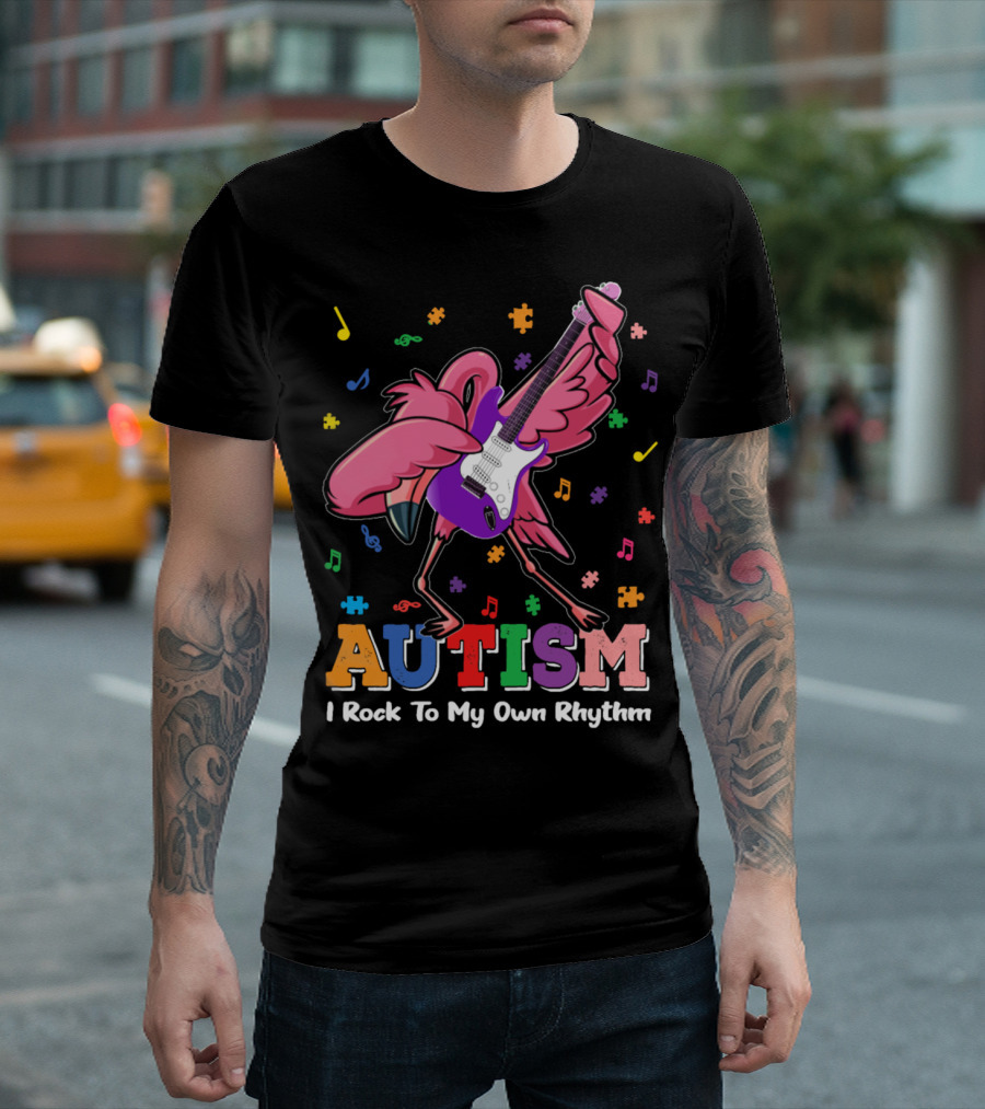 Autism I Rock to My Own Rhythm Flamingo with Guitar and Puzzle Pieces T-Shirt