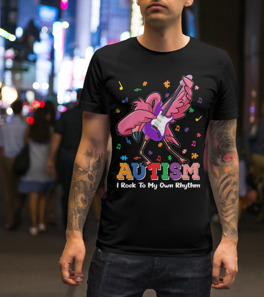 Autism I Rock To My Own Rhythm Flamingo With Guitar And Puzzle Pieces T-Shirt