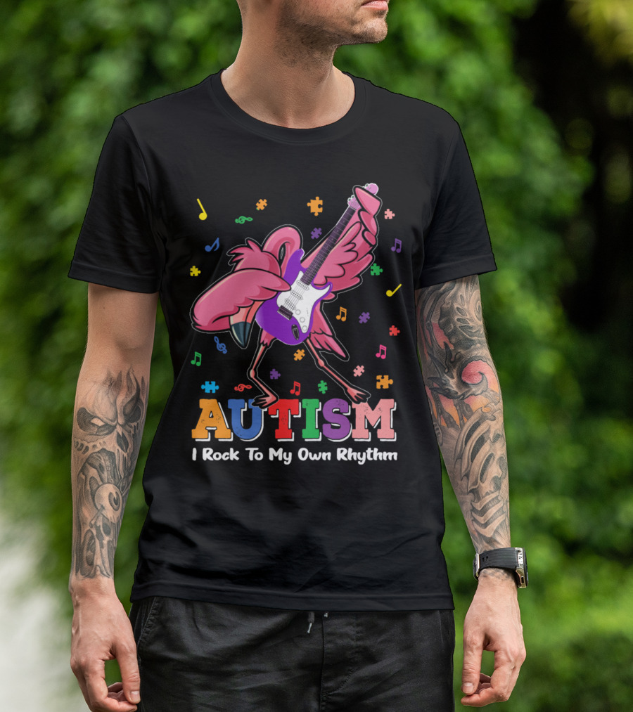 Autism I Rock To My Own Rhythm Flamingo With Guitar And Puzzle Pieces T-Shirt