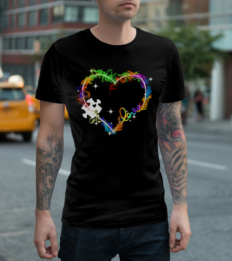 Love Heart Rainbow Puzzle Autism T-Shirt