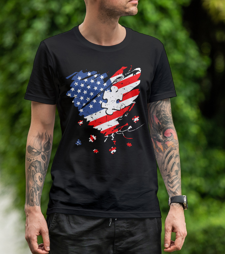 Autism USA Puzzle Heart Flag T-Shirt