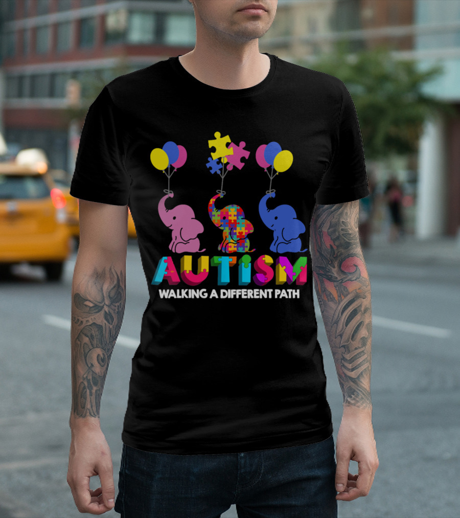 Autism Walking A Different Path Colorful Elephants And Balloons T-Shirt