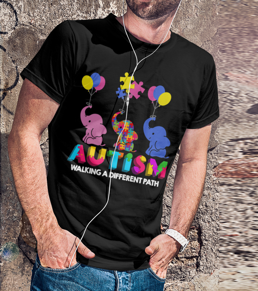 Autism Walking A Different Path Colorful Elephants And Balloons T-Shirt