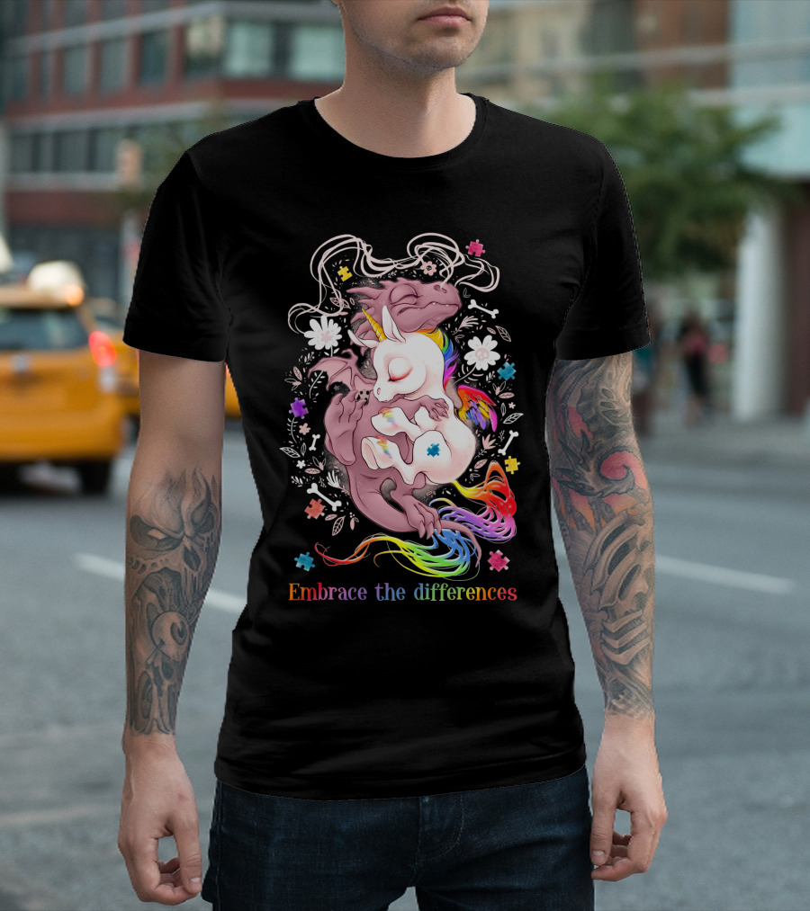 Embrace the Differences Unicorn and Dragon Rainbow Puzzle Flowers T-Shirt
