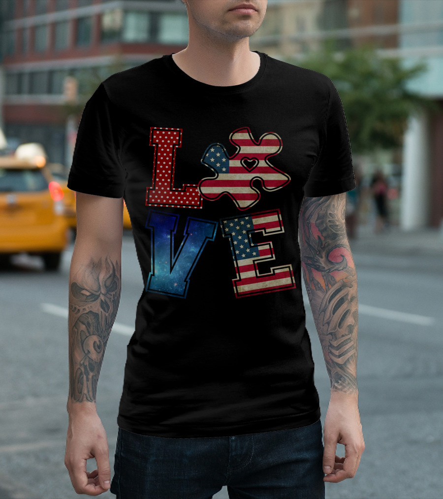 Love Needs No Words Galaxy Stars and Stripes Puzzle Piece T-Shirt