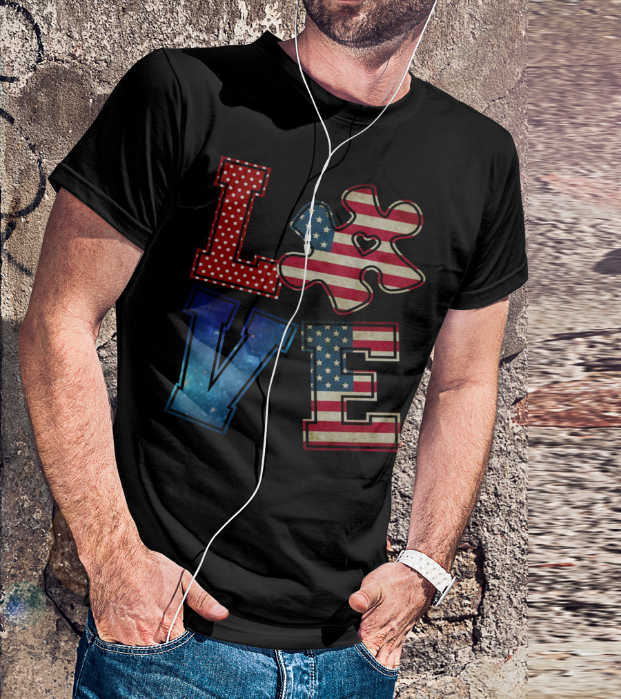 Love Needs No Words Galaxy Stars And Stripes Puzzle Piece T-Shirt