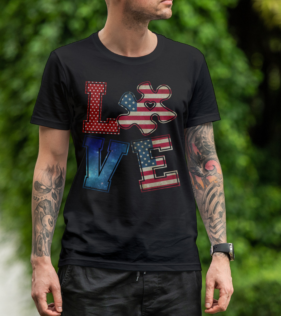 Love Needs No Words Galaxy Stars And Stripes Puzzle Piece T-Shirt
